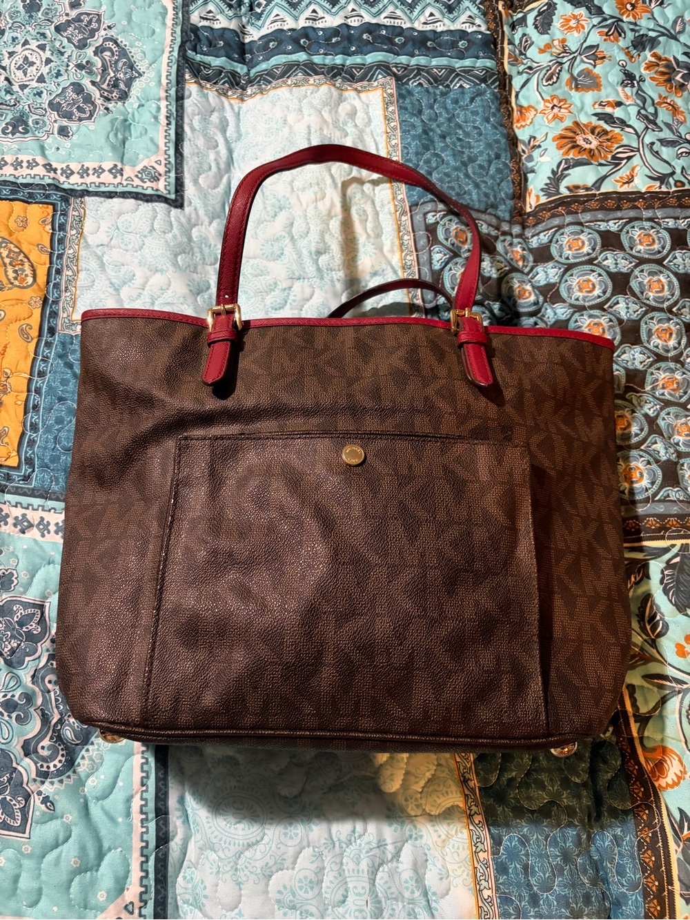 Michael Kors Brown Logo Tote with Red Trim and Handles